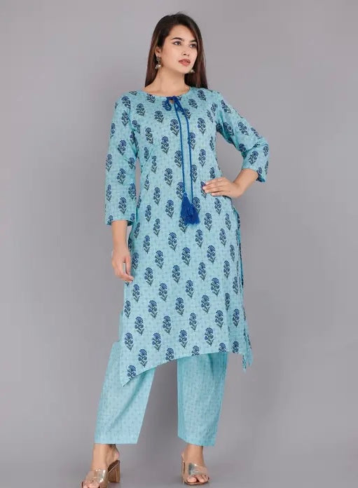 cotton printed blue kurta pant set