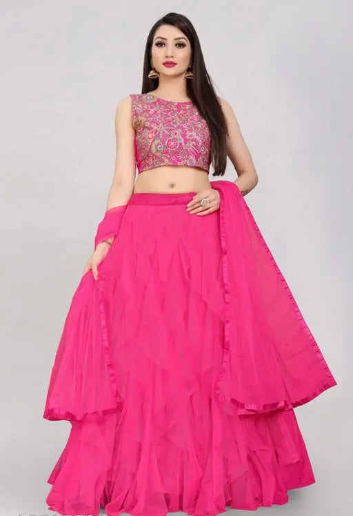 Net Embroidered Semi Stitched Lehenga Choli And Dupatta Set