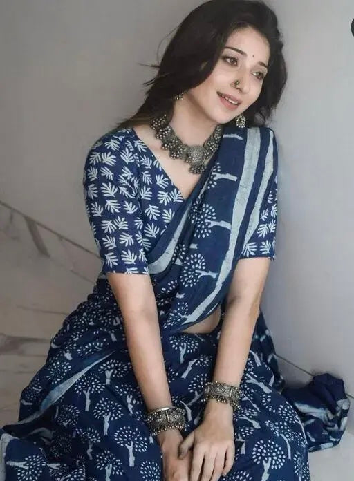 New Pure Cotton Mulmul Hand Block Printed Saree With Blouse