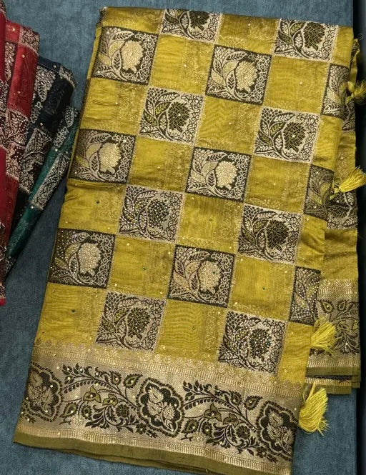 Trending Saree | Unique Soft Partywear New Banarasi Silk Saree with Fancy Work Swarovski and stone work & with Brocade Blouse Piece