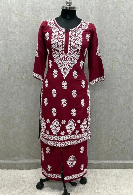 Rayon Traditional Wear Chikankari Work Kurti With Palazzo