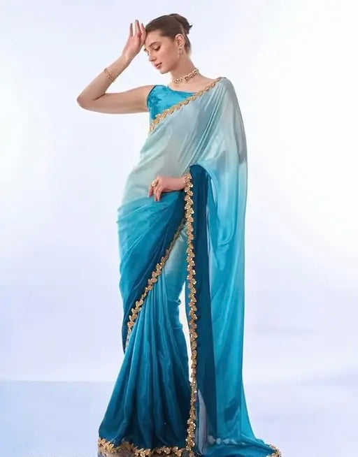 women for saree Elegant Ombre Blue Chiffon Saree with Golden Sequin Lace – Lightweight Party & Wedding Wear – 5.5M Saree with 80cm Matching Blouse Piece – Soft, Flowing & Comfortable Ethnic Look