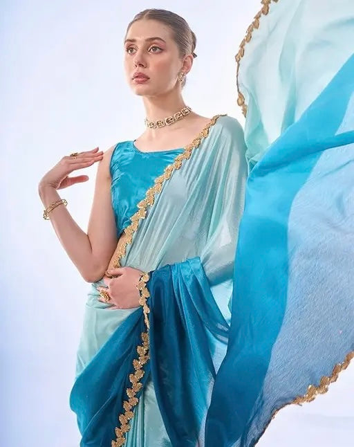 women for saree Elegant Ombre Blue Chiffon Saree with Golden Sequin Lace – Lightweight Party & Wedding Wear – 5.5M Saree with 80cm Matching Blouse Piece – Soft, Flowing & Comfortable Ethnic Look