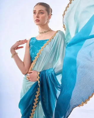 women for saree Elegant Ombre Blue Chiffon Saree with Golden Sequin Lace – Lightweight Party & Wedding Wear – 5.5M Saree with 80cm Matching Blouse Piece – Soft, Flowing & Comfortable Ethnic Look