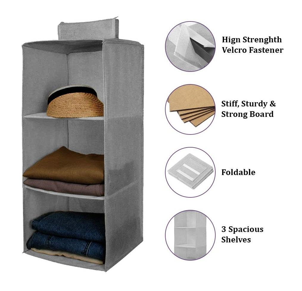 Hanging Wardrobe Organizer- 3 Shelves Non-Woven Fabric Hanging Storage Wardrobe Organizer