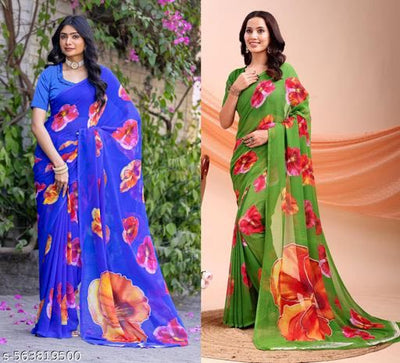 Women floral chiffon Saree with soft texture and unstitched blouse pieces, Stylish combo (pack of 2)
