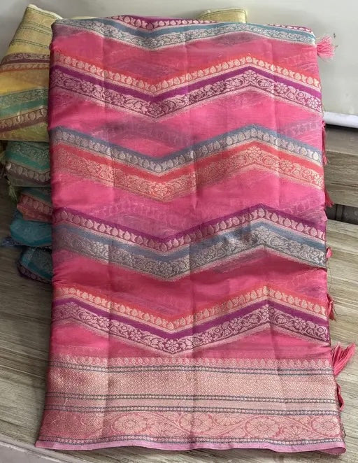 Women's Linen Fancy Softsilk Banarasi Silk Saree with Latkans and Brocade Blouse Piece