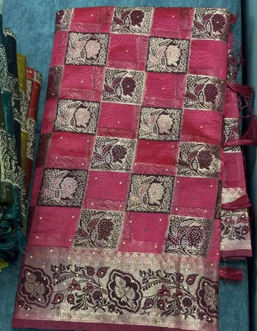 Trending Saree | Unique Soft Partywear New Banarasi Silk Saree with Fancy Work Swarovski and stone work & with Brocade Blouse Piece