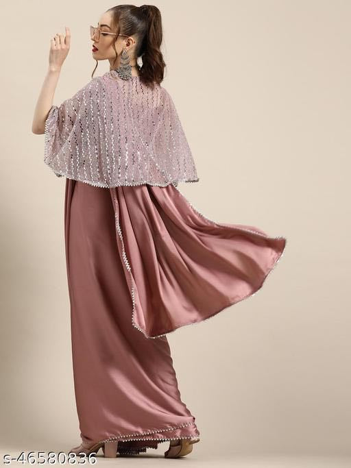 Metallic pink satin saree with foil jacket