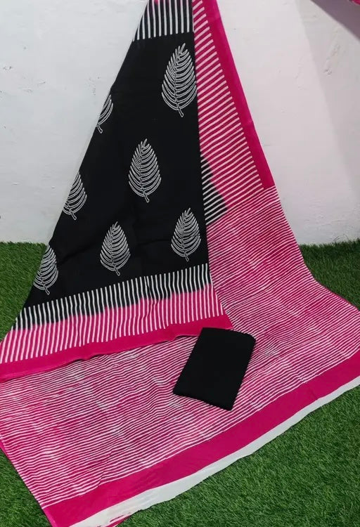 Jaipuri Hand Block Printed Soft Cotton Mulmul Saree ,Sanganeri Cotton Malmal Saree, Bagru Cotton Saree, Batic / Batik Print Cotton saree In Super Fine 92*80 Fabric Quality With Attached Blouse Piece for Woman