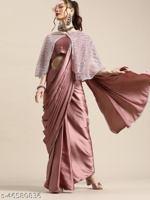 Metallic pink satin saree with foil jacket