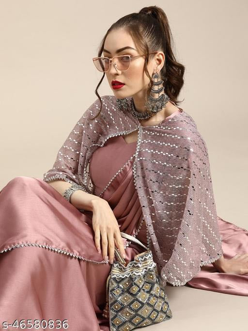 Metallic pink satin saree with foil jacket